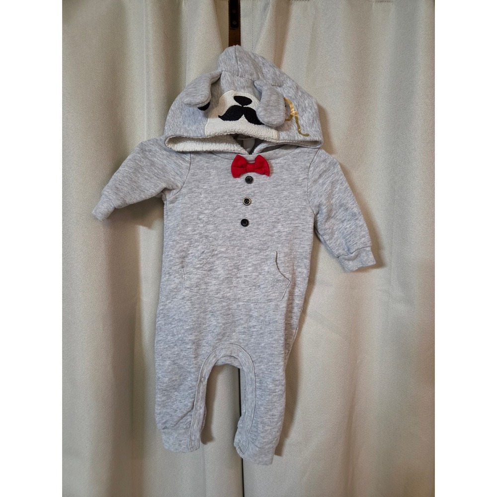 Cat & Jack Baby Boys Gray Dog Hooded Romper Bow Tie Monocle 0-3M